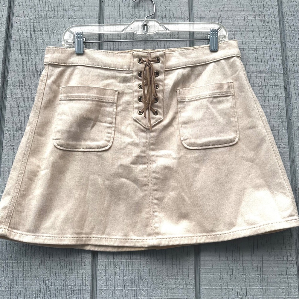 EXPRESS JEANS Y2K Western Boho Beige Lace Up Front A Line Mini Skirt Women Sz 10